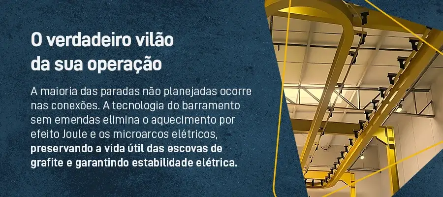 O verdadeiro vilão da sua operação: a maioria das paradas não planejadas ocorre nas conexões. A tecnologia do barramento sem emendas elimina o aquecimento por efeito Joule e os microarcos elétricos, preservando a vida útil das escovas de grafite e garantindo estabilidade elétrica.